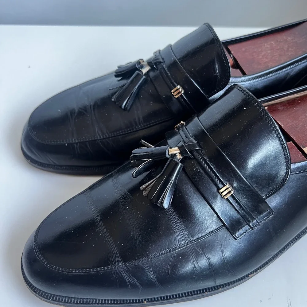 Francesco Bellini Vintage Black Leather Tassel Loafers Made in Italy Size 12 M